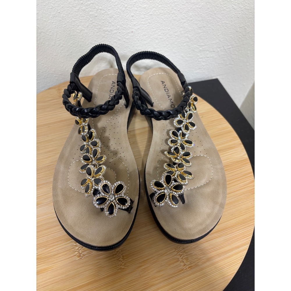 Andiamo Sandals 6.5M Tandem Black Jeweled Flower Braided Slingback